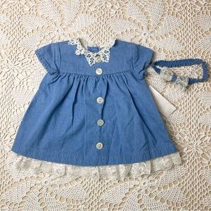 Vintage 1990s Jolene Baby Girl 12 Months Denim Dainty Dress Headband Outfit
